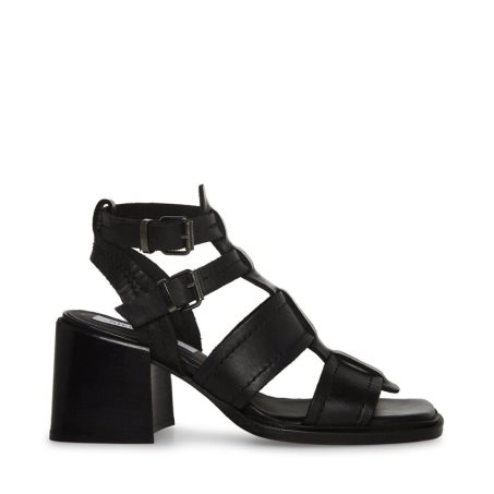 Black Steve Madden Angelene Leather Women's Heels Sandals | PH 9786QBA